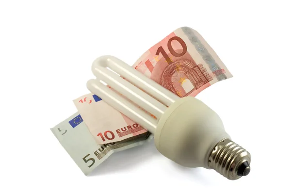 Lâmpada luminescente de poupança e euro — Fotografia de Stock