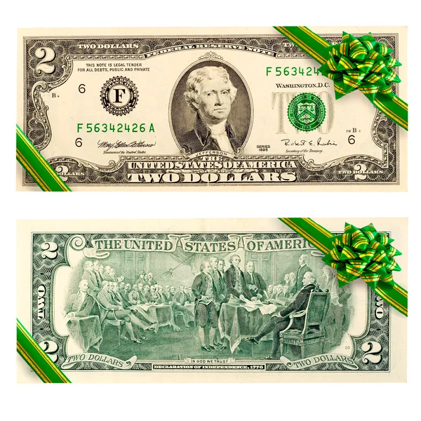 Dva dolar bill dárek — Stock fotografie