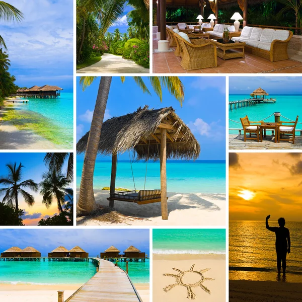 stock image Collage of summer beach maldives images