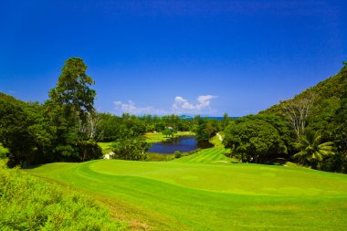 Golf field at island Praslin, Seychelles clipart