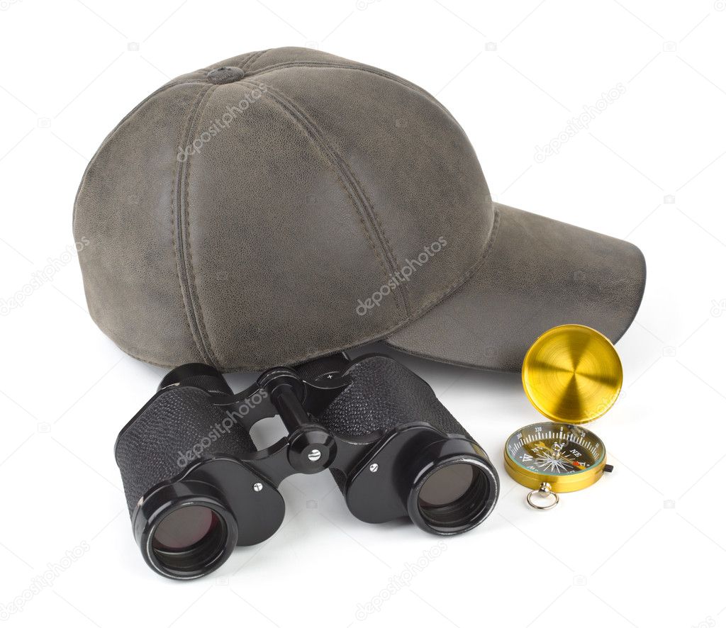 Binoculars, compass and cap