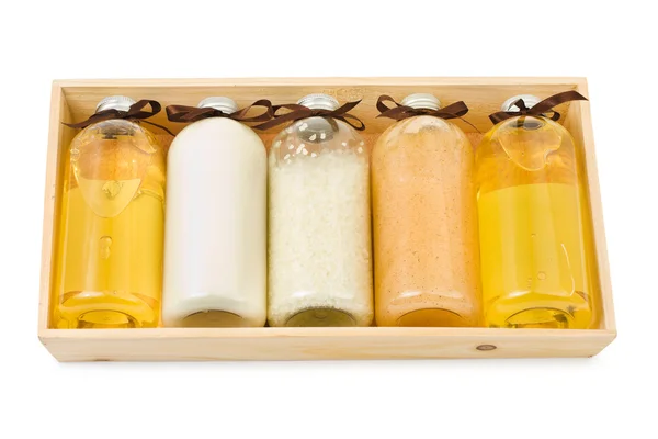 Bottles of spa oil and salt — Stock Photo, Image