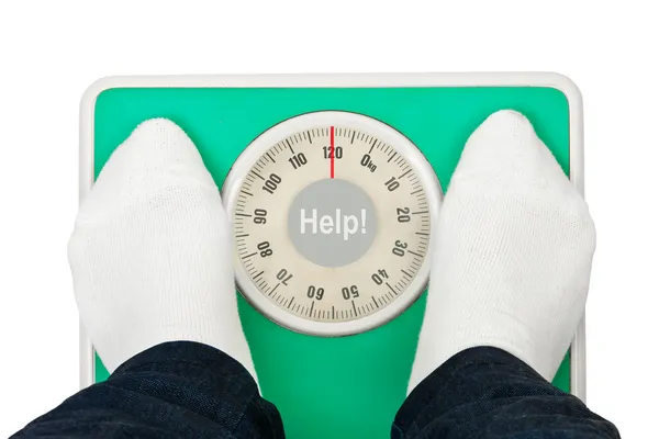 Woman feet and weight scale Help! — Stock Photo, Image