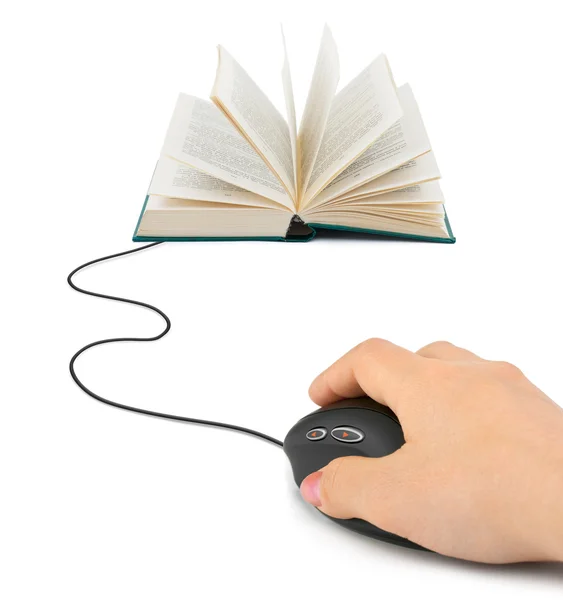 Mão com mouse computador e livro — Fotografia de Stock