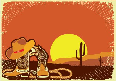 Cowboy's elements .Grunge wild western background of sunset clipart