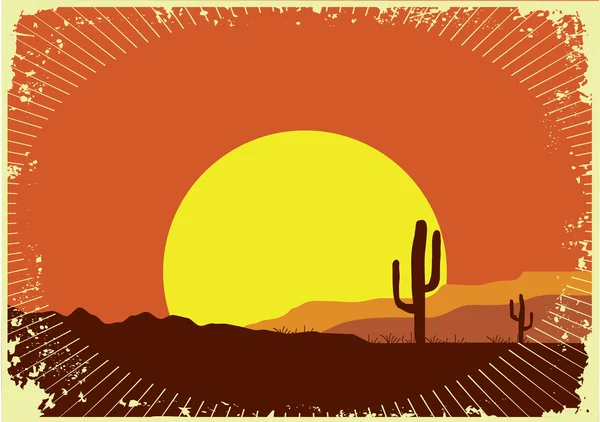 Grunge selvagem ocidental fundo de pôr do sol.Desert paisagem com s — Vetor de Stock