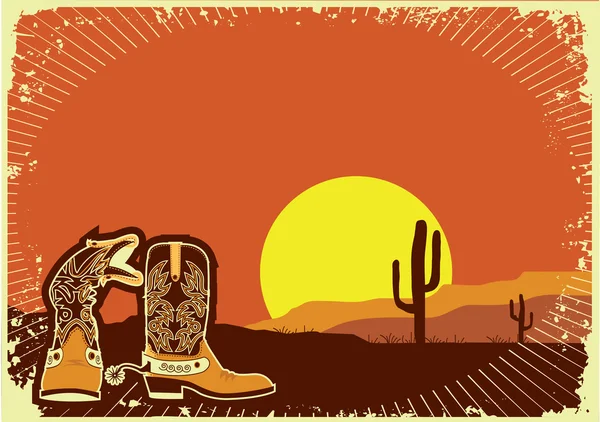 Cowboy boots.Grunge selvagem fundo ocidental do pôr do sol —  Vetores de Stock