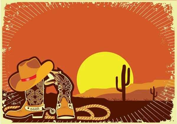 Cowboy 's elements .Grunge wild western background of sunset — стоковый вектор