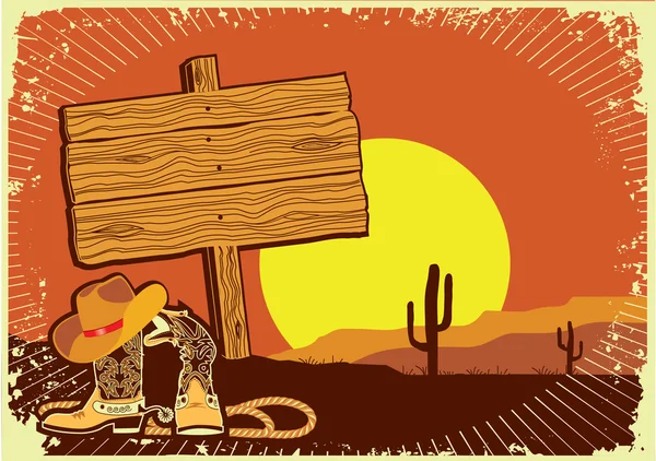 Cowboys landskap. Grunge vilda western bakgrund av solnedgången — Stock vektor