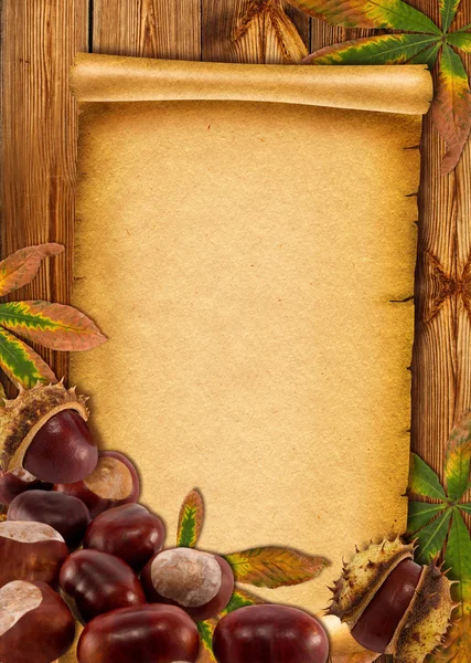 0ld paper achtergrond met herfst kastanjes en bladeren — Stockfoto