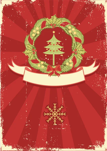 Vintage Weihnachtskarte für Text mit traditionellem Kranz und Weihnachtsbaum — Stockvektor