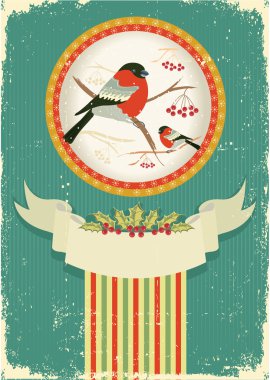 bullfinches in winter.Vintage christmas card clipart