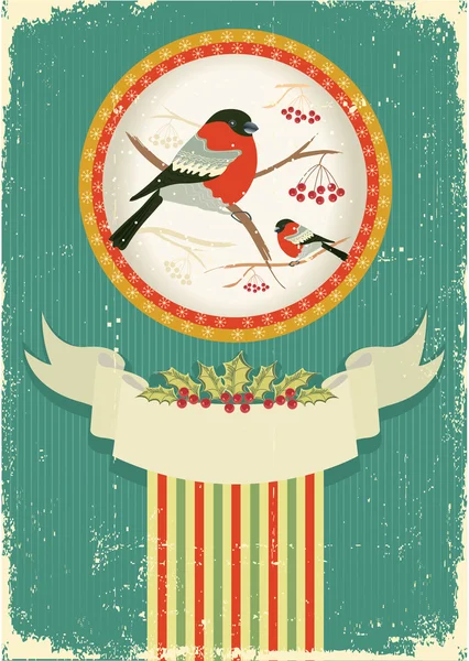 Bullfinches in winter.Vintage christmas card — Stock Vector