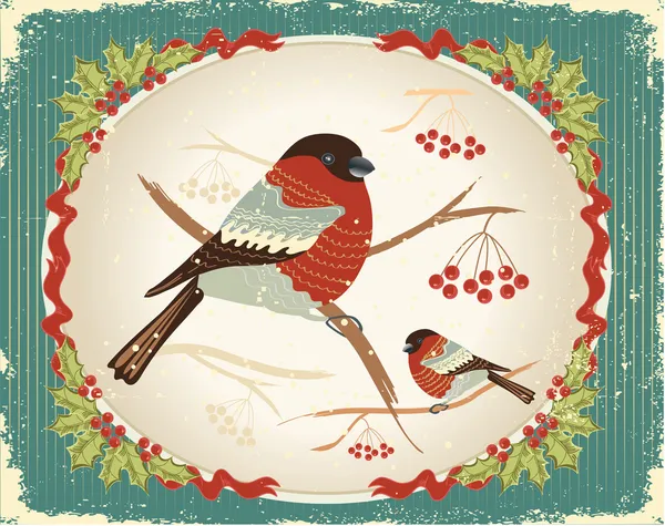 Bullfinches télen. Vintage karácsonyi kártya részére szöveg — Stock Vector