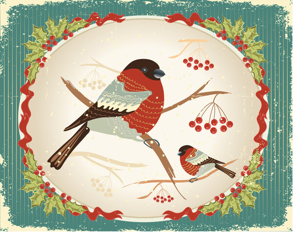 bullfinches in winter.Vintage christmas card for text