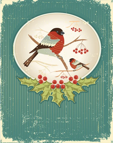 Bullfinches in winter.Vintage christmas card for text — Stock Vector
