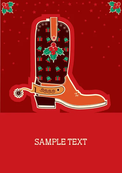 Cartão de Natal Cowboy com botas e decoração de férias — Vetor de Stock