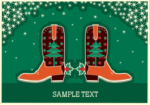 Karácsonyi kártya cowboy csizma és üdülési dekoráció — Stock Vector