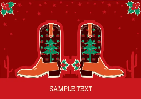 Καουμπόη Χριστουγεννιάτικη κάρτα με μπότες και διακοπές διακόσμηση — Διανυσματικό Αρχείο