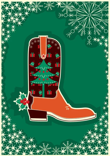 Cowboy christmas card with boot decoration — Stock Vector