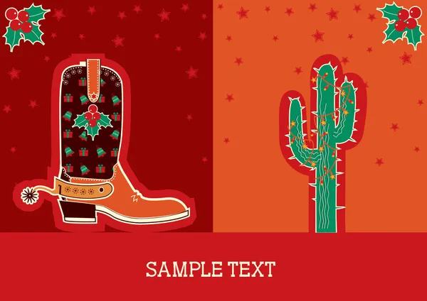 Tarjeta de Navidad de vaquero con bota y cactus — Vector de stock