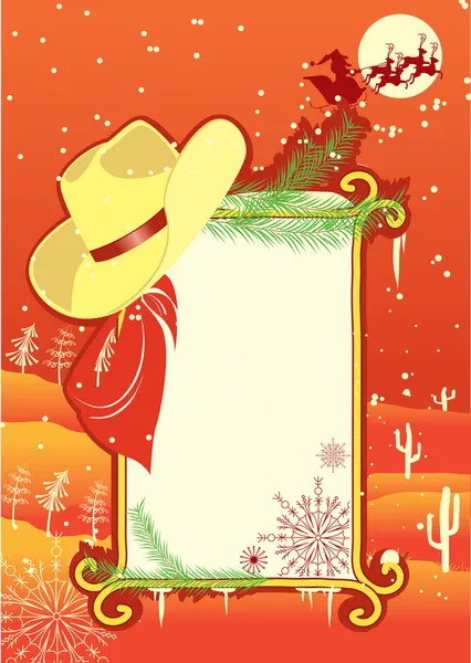 Cartellone telaio con cappello cowboy. Vettore sfondo di Natale per — Vettoriale Stock