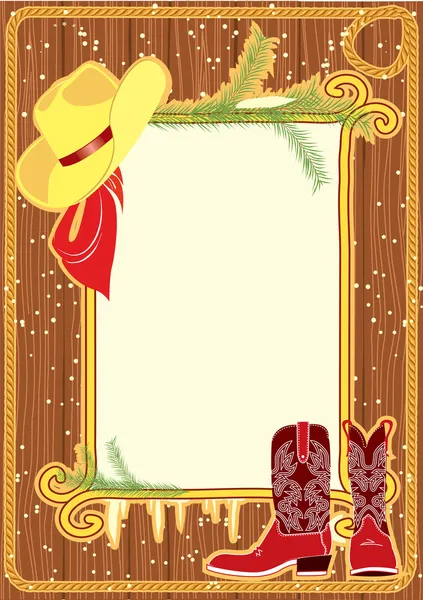 Billboard frame with cowboy hat and boots on wood wall — Stock Vector