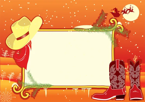 Cadre de panneau d'affichage avec chapeau de cow-boy et bottes.Vector christmasn retour — Image vectorielle