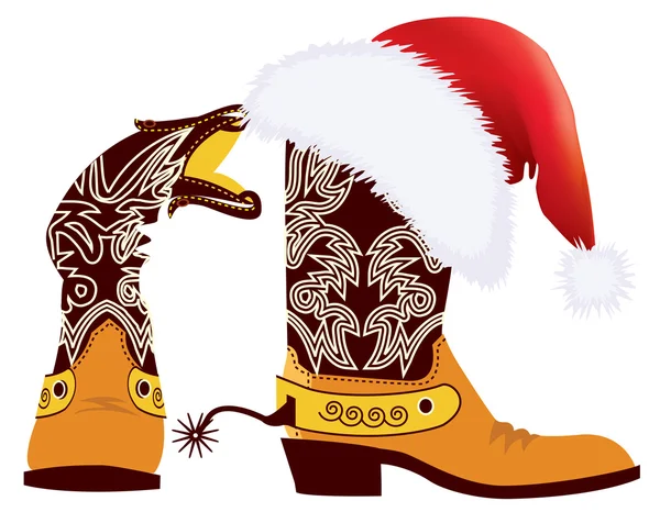 Botas vaqueras y sombrero rojo de Santa Claus en blanco para el diseño — Vector de stock