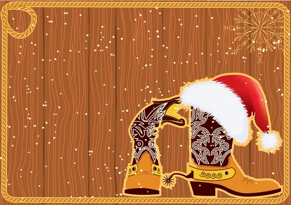 Telaio da cartellone con stivali da cowboy e cappello rosso di Babbo Natale su legno wa — Vettoriale Stock