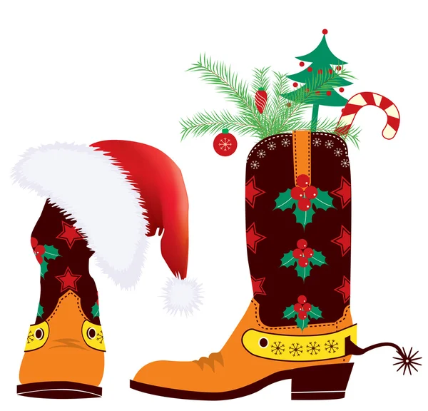 Cowboystiefel und Weihnachtsmann 's roter Hut für das Design — Stockvektor