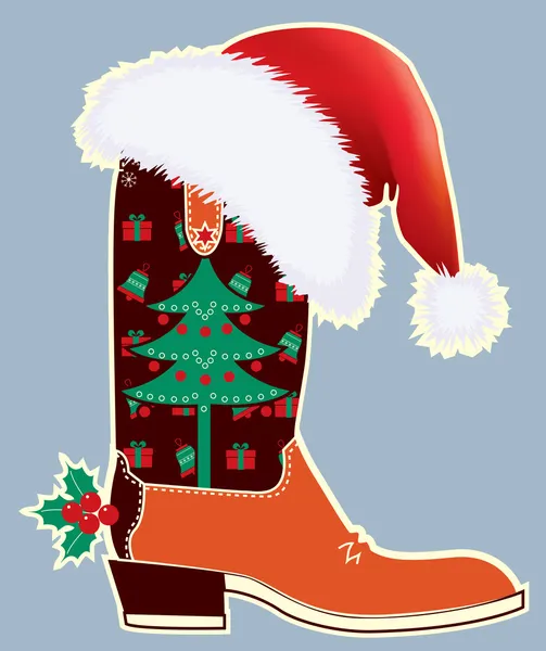 Cartão de Natal de cowboy com bota e chapéu vermelho do Papai Noel — Vetor de Stock