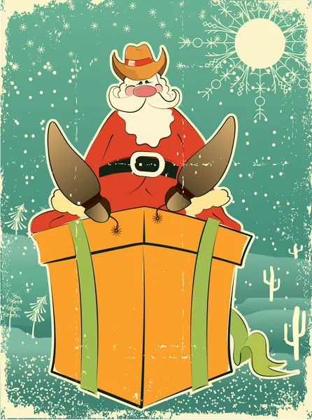 Père Noël avec chapeau de cow-boy et bottes sur la boîte cadeau. — Image vectorielle