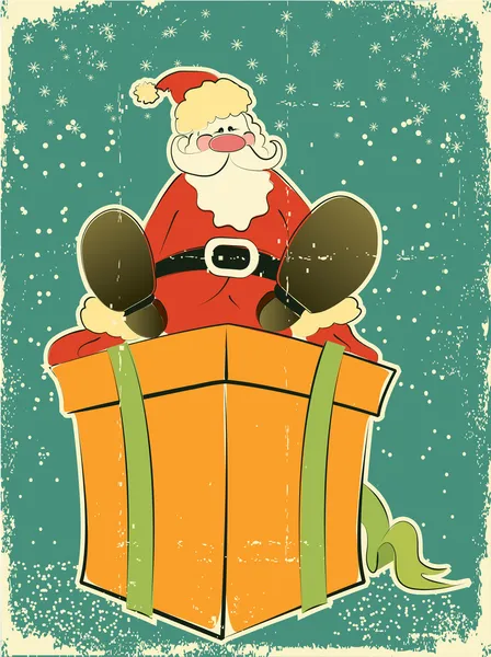 Santa Claus en caja rpesent. Tarjeta retro para selebrate — Vector de stock