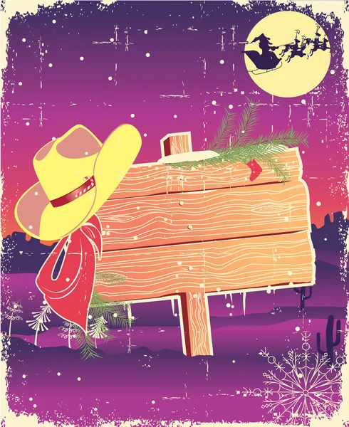 Cartellone cornice con cappello cowboy. Retro sfondo di Natale per t — Vettoriale Stock