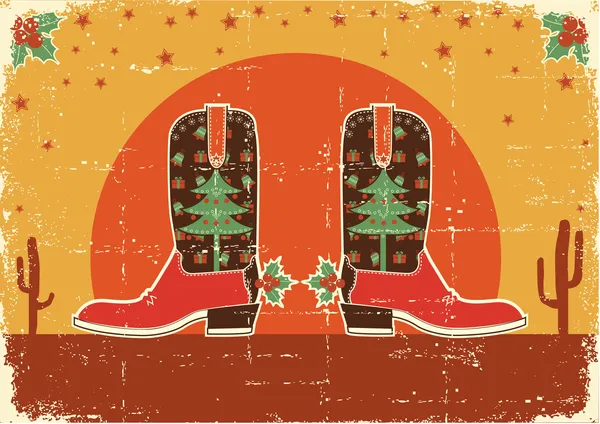 Вінтажна ковбойська різдвяна листівка з черевиками та святкові прикраси — стоковий вектор