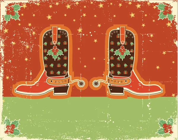 Tarjeta de Navidad de vaquero con botas y decoración navideña. Vintage — Vector de stock