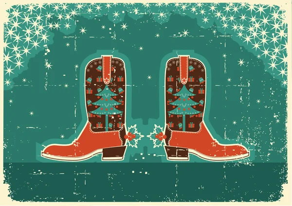 Biglietto natalizio Cowboy con stivali e decorazione natalizia.Vintage — Vettoriale Stock