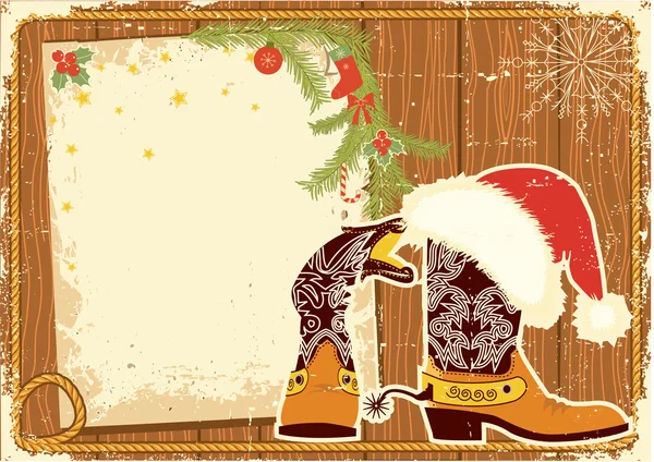 Marco de cartelera con botas de vaquero y sombrero rojo de Santa en wa madera — Vector de stock