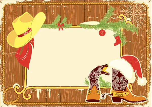 Billboard frame with cowboy boots and Santa's red hat on wood wa — Stock Vector