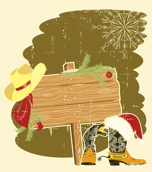 Marco de cartelera con botas de vaquero y sombrero rojo de Santa en wa madera — Vector de stock