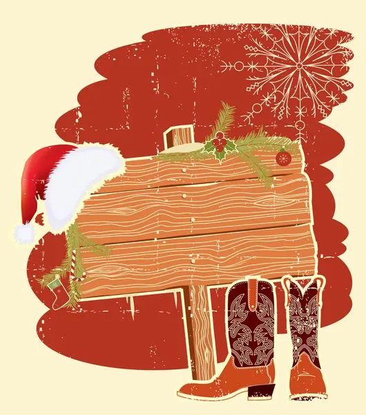 Billboard frame met cowboy laarzen en de rode kerstmuts op hout wa — Stockvector