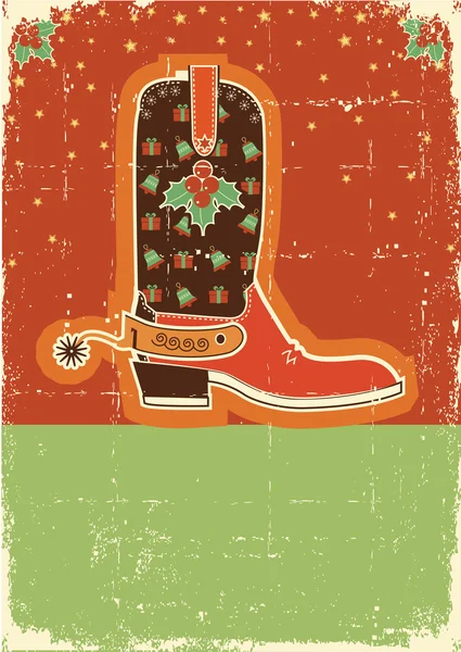 Biglietto natalizio Cowboy con stivali e decorazione natalizia.Retro — Vettoriale Stock