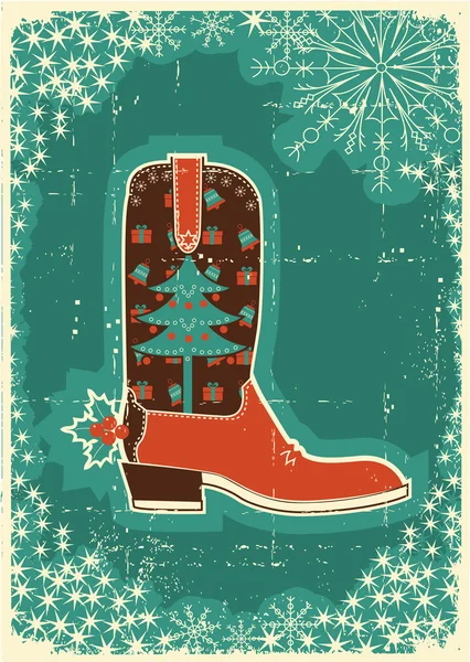 Tarjeta de Navidad de vaquero con botas y decoración navideña. Vintage p — Vector de stock