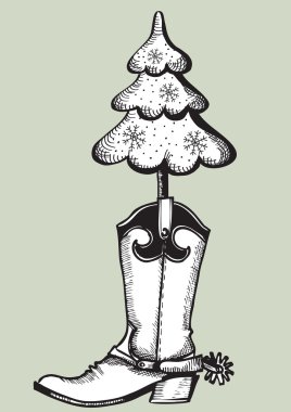Cowboy boot with christmas tree.Black graphic clipart