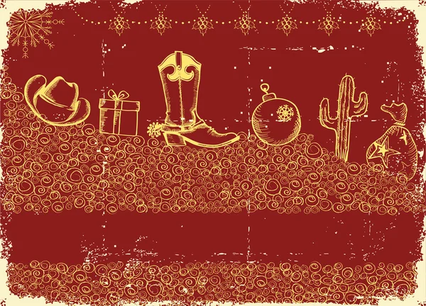 Вінтажний ковбойський різдвяний фон з елементами свята і де — стоковий вектор