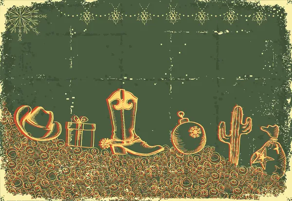 Вінтажна ковбойська різдвяна листівка з елементами свята та декору — стоковий вектор