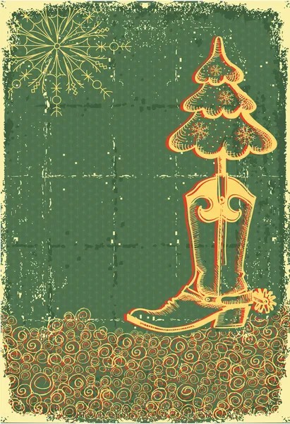 Grüne Vintage-Weihnachtskarte mit Cowboystiefel und Tannenbaum auf Holz — Stockvektor