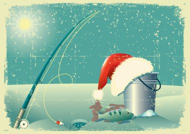 fishing in winter snow landscape with Santa red hat on old paper clipart