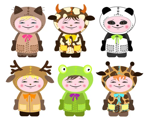 六个孩子中的动物服装 — 图库矢量图片